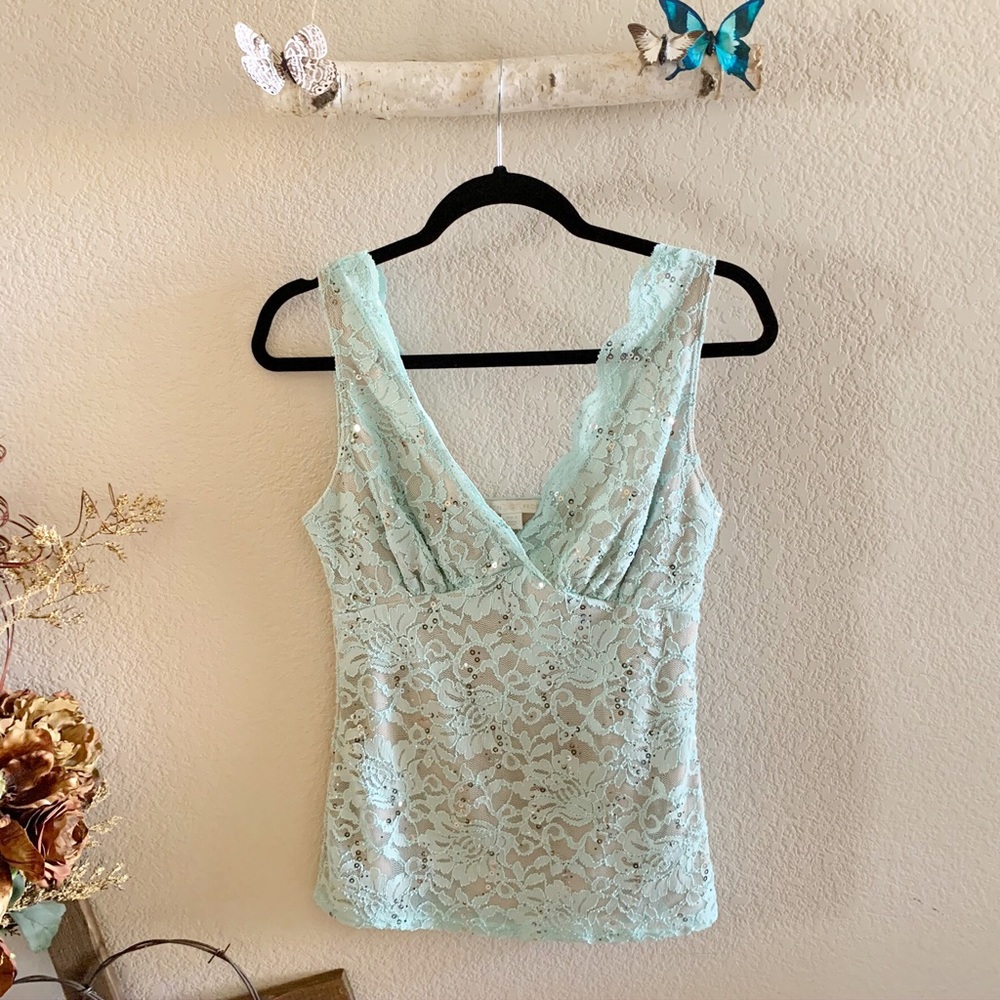 Boston Proper Mint Lace W/ Sequins Tank Top